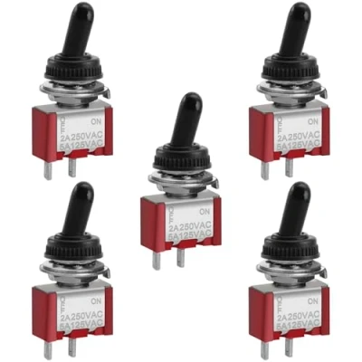 Image of Heschen Miniature Toggle Switch MTS 101 ON OFF SPST 2 Pin, 2A 250V, 5A 120V, with Waterproof Cap, Pack of 5