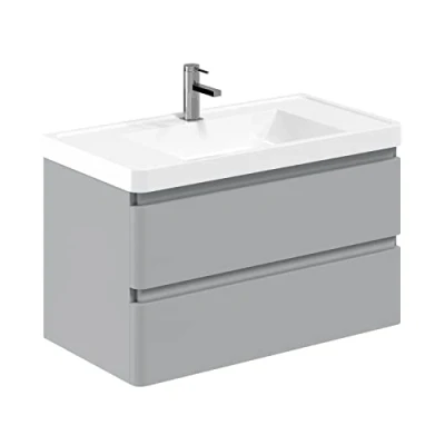 Image of Newbold Cool Grey Bathroom Sink Unit Vanity &amp; Resin Basin Wall Hung Storage Cabinet Soft Close Drawers 900mm