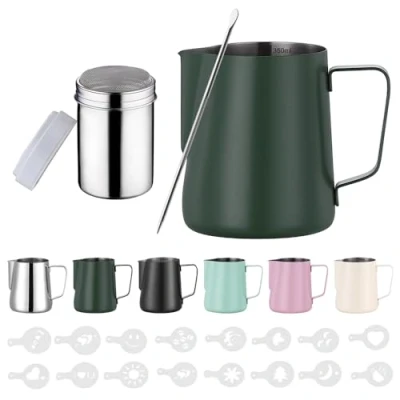 Image of Zuquik 350 ml Stainless Steel Milk Jug, Barista Jug with Measurement Mark 12 oz, Foam Cocoa Shaker, 16 Latte Art Stencils &amp; Pen for Cappuccino and Espresso, Dark Green
