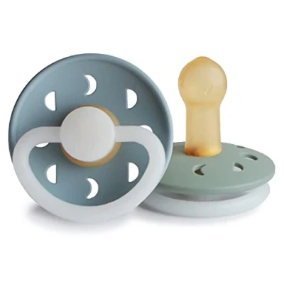Image of FRIGG Moon Phase Night Latex Pacifier Pack of 2 Natural Rubber Soother Glow BPA Free Made in Denmark Symmetrical Cherry Shaped Nipple (Stone Blue Night/Sage Night, Size (6 18 Months))
