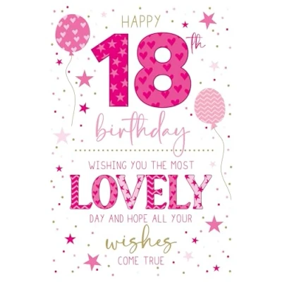 Image of Cherry Orchard 18th Birthday Card Balloons, Stars &amp; Dots Gold Foil Embossed Finish
