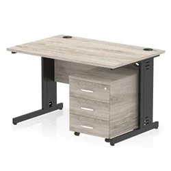 Image of Impulse 1200x800 Desk Grey Oak/Black Cable Managed 3 Drawer Mobile Ped