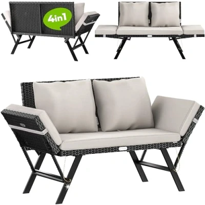 Image of CASARIA® Polyrattan Garden Bench With Reclining Function Includes Cushion Adjustable Armrests Weatherproof Outdoors Patio Terrace Balcony Sofa Couch Lounger Black