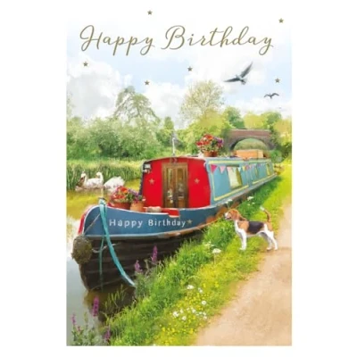 Image of Male Birthday Card for Him General Men Canal Boat and Dog Design Special Finishes Illustrated Insert Leaf Made in the UK Eco Friendly