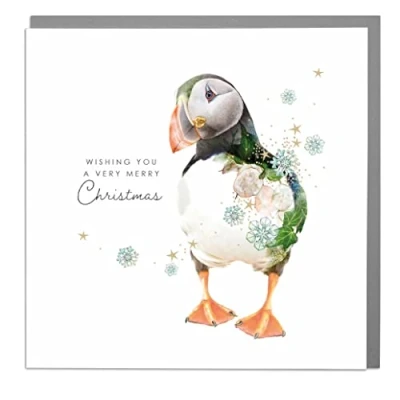 Image of Wishing You A Very Merry Christmas Puffin Card with Grey Envelope by Lola Design