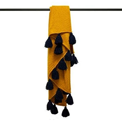 Image of Furn Romily Coloured Pom Throw Acrylic Gold/Navy 130cm x 180cm, Acrylic, Gold/Navy, 180cm (51&quot; 71&quot; inches)