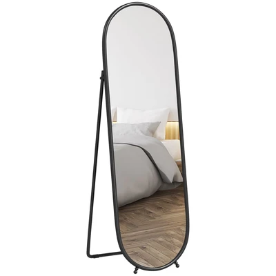 Image of HOMCOM 40 x 160cm Full Length Mirror, Floor Standing or Leaning Against Wall Tall Mirror with Support Frame, Oval Body for Bedroom, Living Room, Black