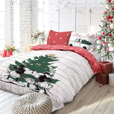 Image of Sleepdown Mickey and Minnie Mistletoe Kisses Duvet Cover Quilt Bedding Set with Pillowcase (Single)