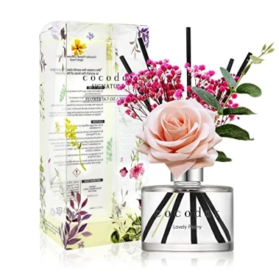 Image of Cocod&#039;or [COCODOR/Lovely Peony] Reed diffuser oil 200ml with Rose, Eucalyptus and Preserved Flower sticks. Best for Home, Kitchen, Bathroom. Diffusers Sticks