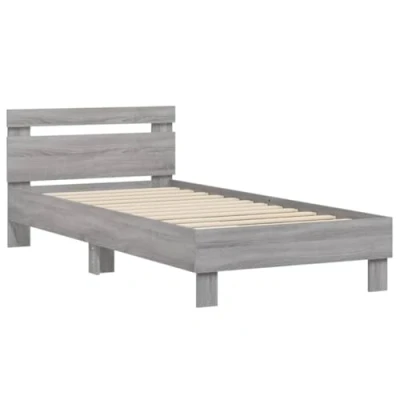 Image of vidaXL Single Bed Frame with Headboard Grey Sonoma Modern Bedroom Engineered Wood Construction, Plywood Slats, 90x200 cm Support Base