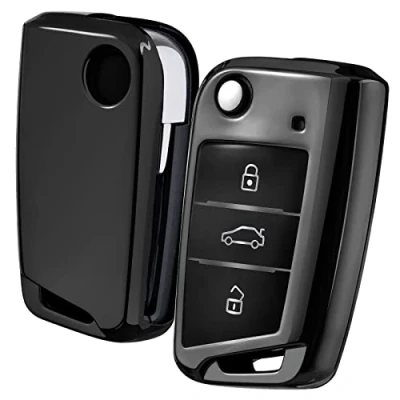 Image of OATSBASF Car Key Cover Compatible with VW,Car Case for VW Golf 7 Polo Skoda Seat TPU Silicone 3 Buttons Box (Black)