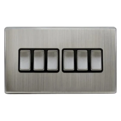 Image of Light Switch 6 Gang 2 Way Brushed Chrome Wall Screwless Plate Gloss Finish N310DME