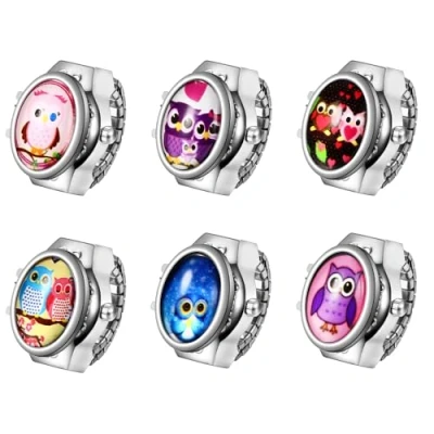 Image of JewelryWe Men Women 6PCS Finger Watches Set Elastic Watch Rings Colorful Owl Round Dial Quartz Ring for Christmas