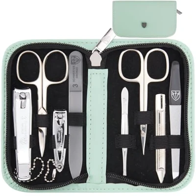 Image of 3 Swords Germany brand quality 8 piece manicure pedicure grooming kit set in mint fashion leather case gift box Made by
