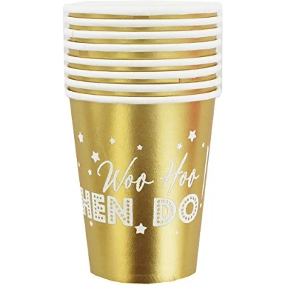 Image of Neviti 776094 Woo Hoo Hen Do Paper Cup 8 Pack, Gold, Count (Pack of 1)