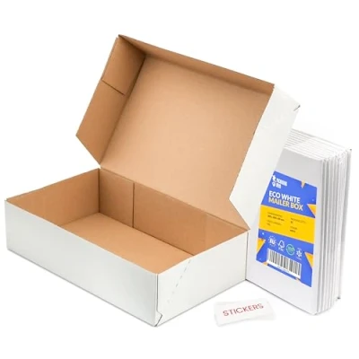 Image of Packaging Hero 30 x 20 10 cm (aprox. 12&quot; 8&quot; 4&quot;) White Corrugated Cardboard Mailing boxes, gift e commerce box with free clear round stickers (9 pack)