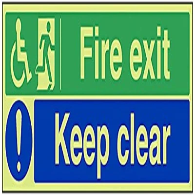 Image of V Safety Glow In The Dark Wheel Chair Fire Exit/Keep Clear Sign 450mm x 150mm Rigid Plastic