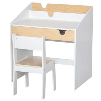 Image of HOMCOM Kids Desk and Chair Set 2 Pieces Children Study Table with Storage Pull Out Drawer Bookshelf for 3 6 Years Writing, Reading, Drawing