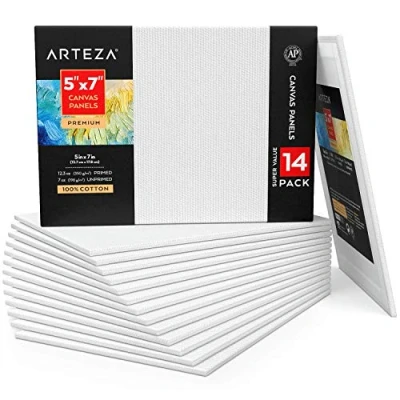Image of Arteza Stretched Canvas for Painting, Pack of 14, 12.7 x 17.8 cm, 12.3 oz Gesso Primed 100% Cotton Blank Canvases Acrylic Painting and Pouring