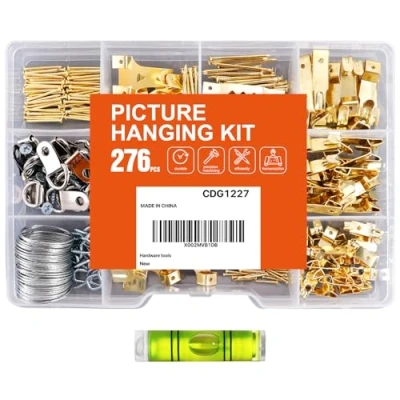 Image of Hongway 276pcs Picture Hanging Kit, Hangers, Heavy Duty Frame Hooks Assortmentwith Nails, Wire, Screw Eyes, D Ring and Sawtooth Hardware for Frames Mounting