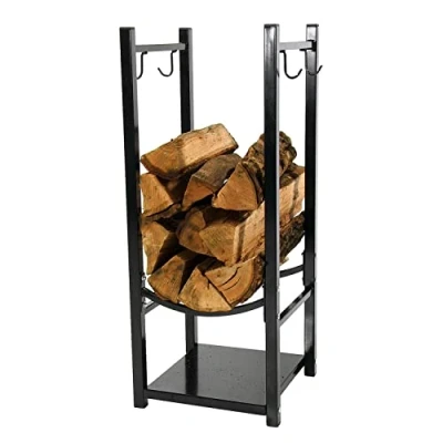 Image of Product: Sunnydaze Firewood Log Rack with Tool Holder Hooks Indoor/Outdoor Storage Durable Powder Coated Steel Space Saving Store Black