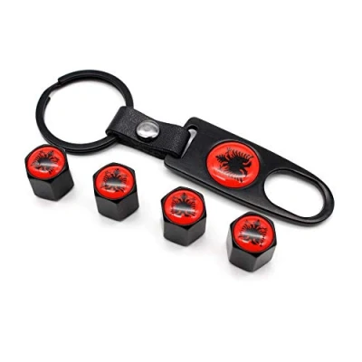 Image of 5Pcs/Set Anti theft Car Tire wheel Valve Stems Albania Flag Style Air Caps With Leather buckle Wrench Zinc Alloy (Black)