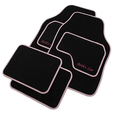 Image of JVL Personalised Universal Black Carpet Car Mat Set with Pink Embroidered Front Mats