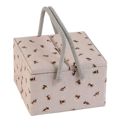 Image of Hobby Gift Exclusive Large Twin Lid Sewing Craft Storage Box, Accessories Tray Pin Cushion Pockets PVC Handles, 25 x 17cm, Bees