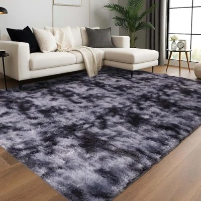 Image of Oxford Homeware Rugs Living Room 120 x 170 CM Tie Dye Dark Grey Area for Bedroom Large Non Slip Modern Super Soft Plush Carpets Fluffy Shaggy Rug Lounge Shedding Bedside