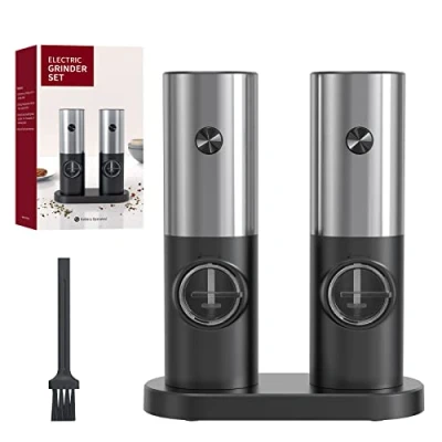 Image of CIRCLE JOY Electric Salt and Pepper Mills Set, Battery Operated Spice with Base, White LED Light Adjustable Coarseness, Stainless Steel, 2 Pack