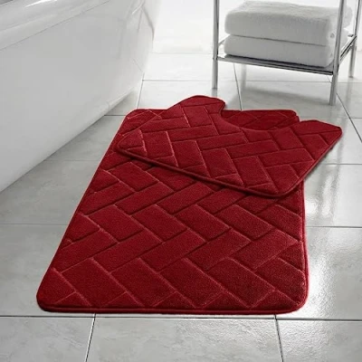 Image of HomeSpace Direct Blocks Non Slip Memory Foam Bath Mat/Toilet Mat Set Red