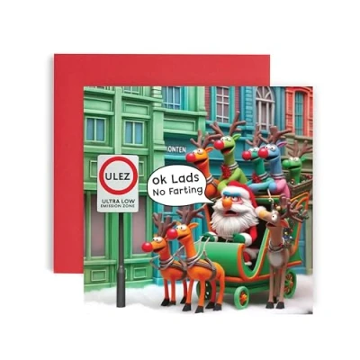 Image of Huxters Funny Christmas Cards for Men and him Happy Santa ULEZ farting card her Family Holiday Dad Brother Son Uncle Sister