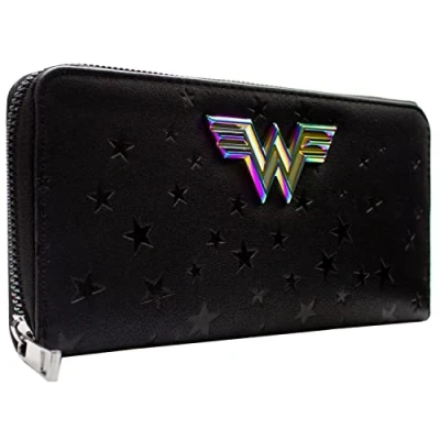 Image of Wonder Woman Iridescent Metal Emblem Debossed Stars Purse Clutch Coin Pocket &amp; Card Holder, Black