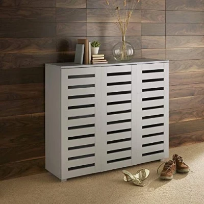 Image of Home Source 3 Door Wooden Shoe Storage Cabinet Rack Stand Slatted Cupboard, Grey, MDF
