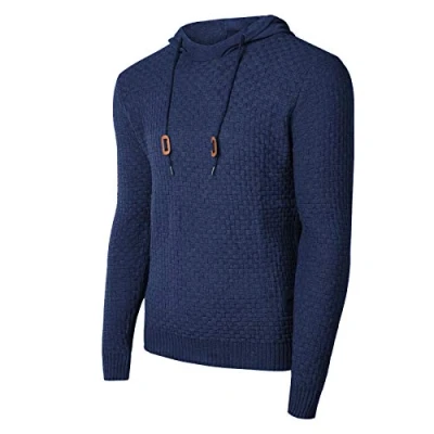 Image of Genfien Men&#039;s Casual Long Sleeve Funnel Neck Plaid Jacquard Pullover Thick Knitted Sports Hooded Sweatshirt Blue