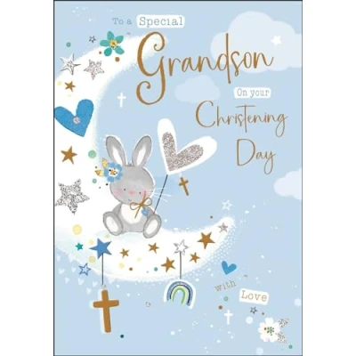 Image of Grandson Christening Congratulations Card Special Rabbit and Moon Design Finishes Illustrated Insert Leaf Made in the UK