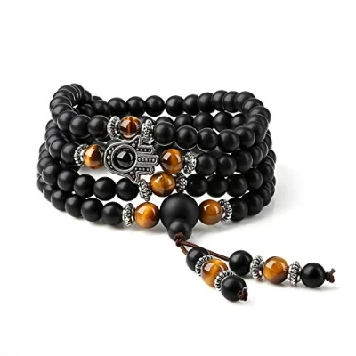 Image of COAI 108 Mala Beads Matte Onyx Tiger Eye Stone Hamsa Hand Bracelet Necklace