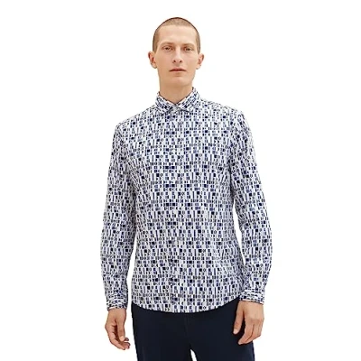 Image of TOM TAILOR Men&#039;s 1037456 Regular fit Stretch Shirt with Pattern, 32326 off White sea Green Design, M