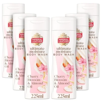 Image of Imperial Leather Ultimate Moisture Cherry Blossom &amp; Almond Oil Body Wash, Ultra Rich Lather Soothing Fragrance, Suitable for Sensitive Skin, Vegan Cruelty Free (225ml), Multipack 6 x 225ml