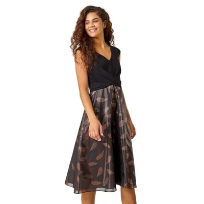 Image of Roman Womens Metallic Feather Print Skater Dress Bronze Size 16 UK