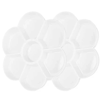 Image of Plastic Palette, 2Pcs Round Paint Tray Oil Painting Palette Plum Form 7 Grid Thickened White Color Mixing Paints Pallet For Artists, Painters, Students Durable