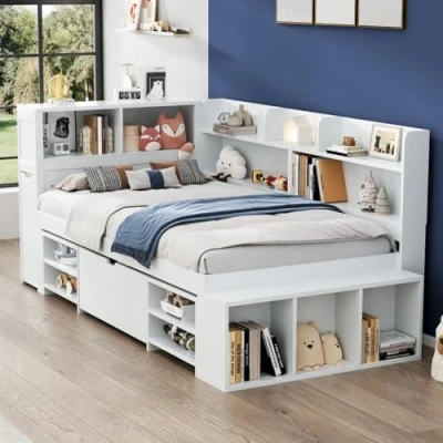 Image of Merax Stylish Single Bed, 3FT Bed Frame with Drawers, Bookcase and Storage Cupboard, Multifunctional Storage, Wooden Frame, Children&#039;s Slatted White, 90x190cm