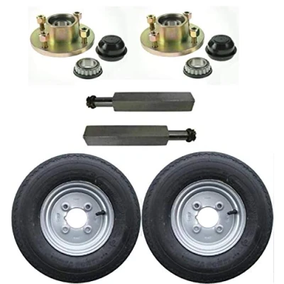 Image of leisure MART Trailer axle set 2 x taper hubs 4 inch PCD square stub axles 8 6PR wheels and tyres Pt no. LMX2322