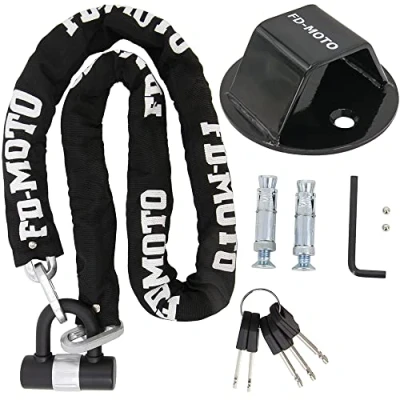 Image of FD MOTO Steel 3.4KG 1.5M*10mm Chain Lock + Ground Wall Anchor Anti Theft Heavy Duty for Motorbike Motorcycle Scooter Bike Bicycle ATV
