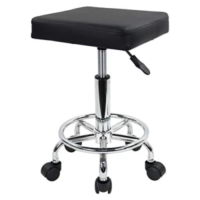 Image of KKTONER Square Rolling Stool with Foot Rest PU Leather Height Adjustable Spa Drafting Salon Tattoo Work Swivel Stools Task Chair Small (Black)
