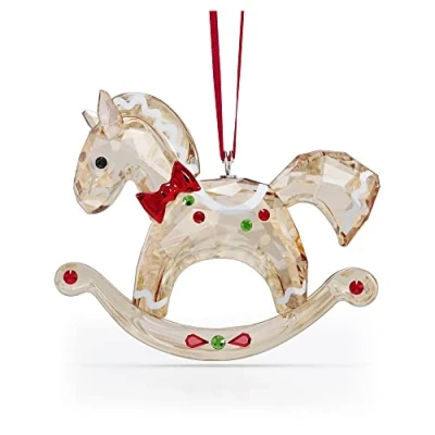 Image of Swarovski Rocking Horse Hanging Ornament, Gold Tone, White, Red and Green Crystals Decoration, from the Holiday Cheers Collection