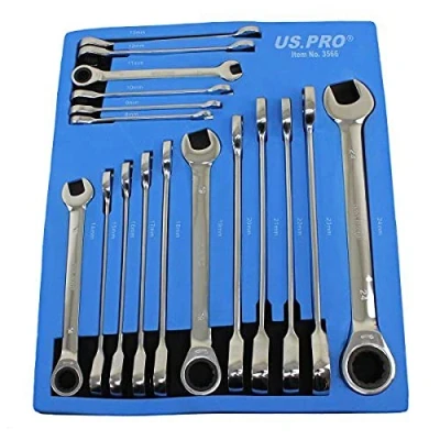 Image of US PRO Tools 17pc 8mm 24mm Metric Gear Ratchet Wrench Spanner Set Eva Foam Tray 3566