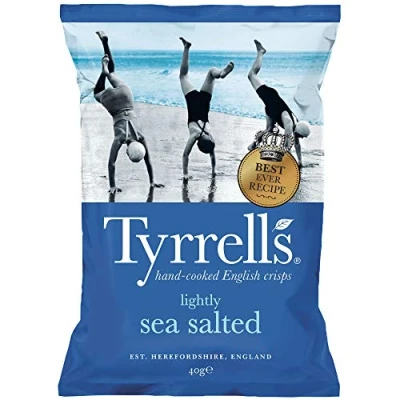 Image of Tyrrells Crisps LIGHTLY SEA SALTED 40g (Multipack BOX of 24 Bags) Hand cooked &amp; spun for an exquisite fresh taste. No artificial flavour, colours or MSG
