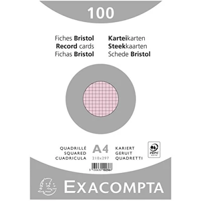 Image of Exacompta Ref 10236E Bristol Squared Record Cards (Pack of 100) A4 in Size, 205gsm Card, Compatible with Printers Suitable for Exam Revision &amp; Notes Pink
