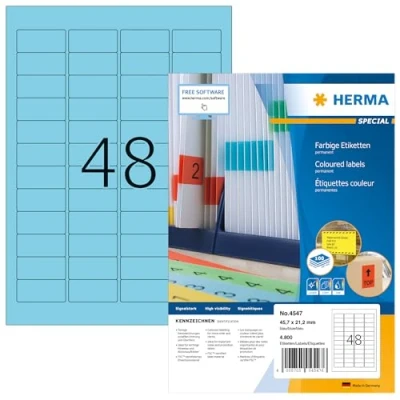 Image of HERMA Self Adhesive Coloured Labels, 48 Labels per A4 Sheet, 100 Sheets, 45.7 x 21.2 mm, 4800 Blank Colour Stickers, Sticky for Laser &amp; Inkjet Printer, Blue